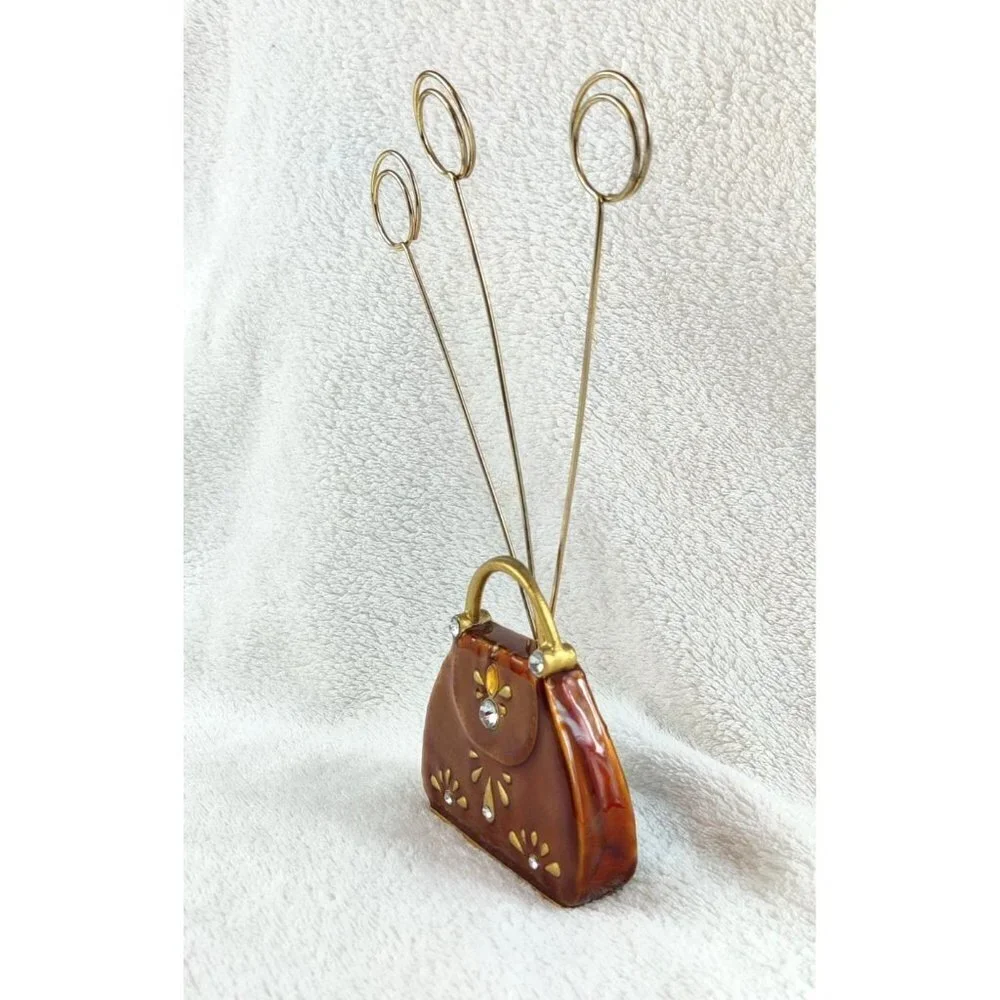 Enameled Miniature Purse Photo Card Holder Paperweight Decorative Brown Copper